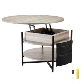 Lift Top Coffee Table, 35.3 in Round Coffee Table with Extra Storage Pockets, Pop Up Coffee Table for Living Room, White