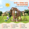 Wooden Swing Set, 10 IN 1 Playground Sets for Backyards, 2 Swings, Trapeze Bar, 6FT Slide, Large Upper Fort with Kitchen Toys, Flat Step Ladder